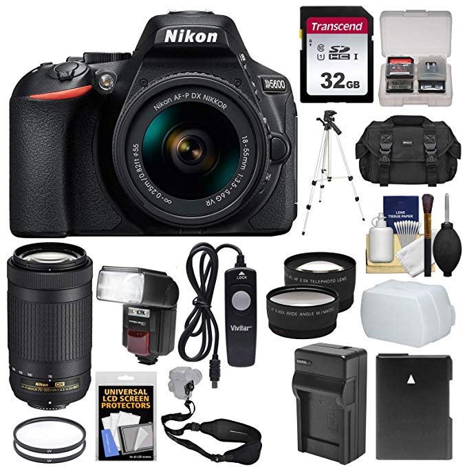 Nikon D5600 Wi-Fi Digital SLR Camera with 18-55mm VR & 70-300mm DX AF-P Lenses + 32GB Card + Case + Flash + Battery & Charger + Tripod + Tele/Wide Lens Kit