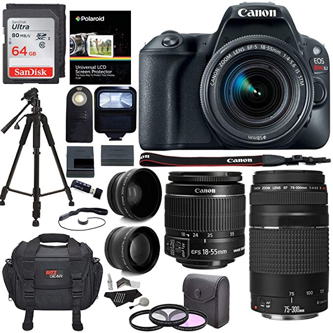 Canon EOS Rebel SL2 DSLR Camera, EF-S 18-55mm STM, Canon EF 75-300mm Telephoto Lens, 64GB Memory Card, Telephoto, Wide Angle Lens, Filter Kit Accessory Bundle