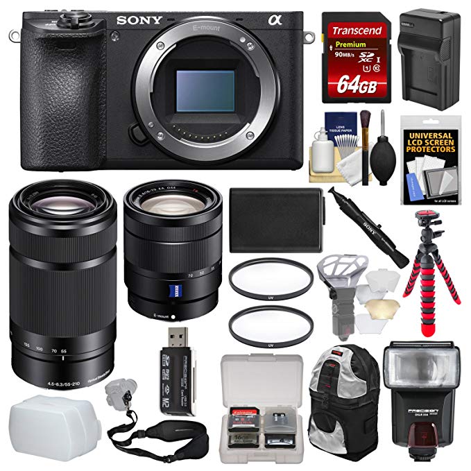 Sony Alpha A6500 4K Wi-Fi Digital Camera Body with 16-70mm f/4 & 55-210mm Lenses + 64GB Card + Backpack + Flash + Battery & Charger + Kit