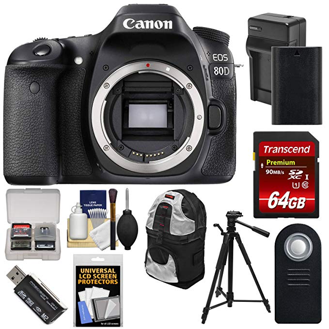 Canon EOS 80D Wi-Fi Digital SLR Camera Body with 64GB Card + Battery & Charger + Backpack + Tripod + Remote + Kit