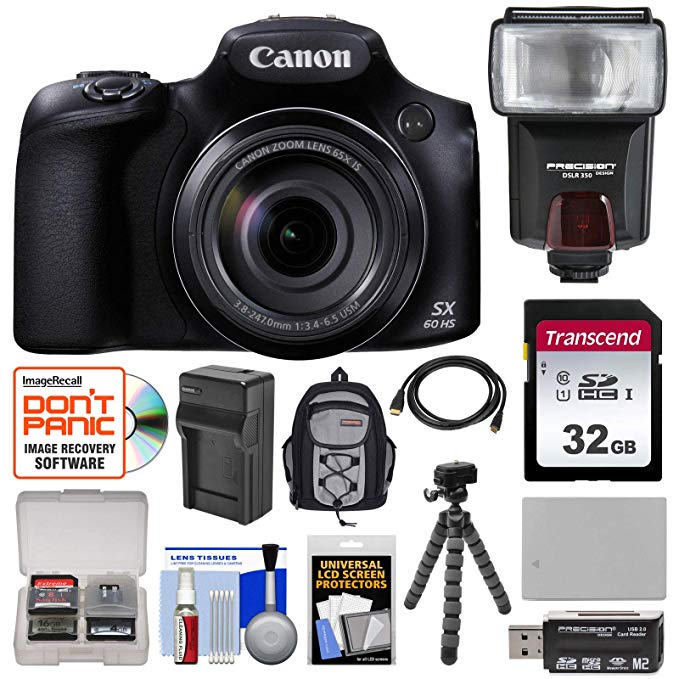 Canon PowerShot SX60 HS Wi-Fi Digital Camera with 32GB Card + Backpack + Flash + Battery & Charger + Tripod + Kit