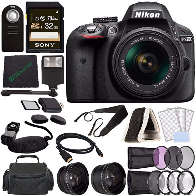 Nikon D3300 DSLR Camera with 18-55mm Lens (Black) + Sony 32GB UHS-I SDHC Memory Card (Class 10) + Remote + Flash + Cleaning Cloth Bundle