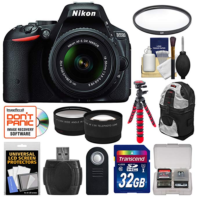 Nikon D5500 Digital SLR Camera & 18-55mm VR DX II Lens with 32GB Card + Backpack + Tripod + Tele/Wide Lens Kit (Certified Refurbished)