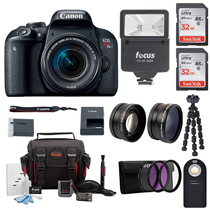 Canon EOS Rebel T7i Digital Camera: 24 Megapixel 1080p HD Video DSLR Bundle with Wide Angle 18-55mm Lens 64GB Mini Tripod Filter Kit & Flash - Professional Vlogging Sports & Action Cameras