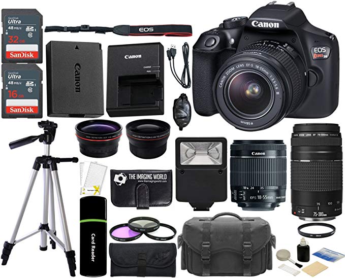 Canon EOS Rebel T6 18MP Wi-Fi SLR Digital Camera + 18-55mm IS II Lens + EF 75-300mm III Lens + SanDisk 32GB & 16GB Card + Wide Angle + Telephoto Lens + Flash + Grip + Tripod - 48GB Accessories Bundle