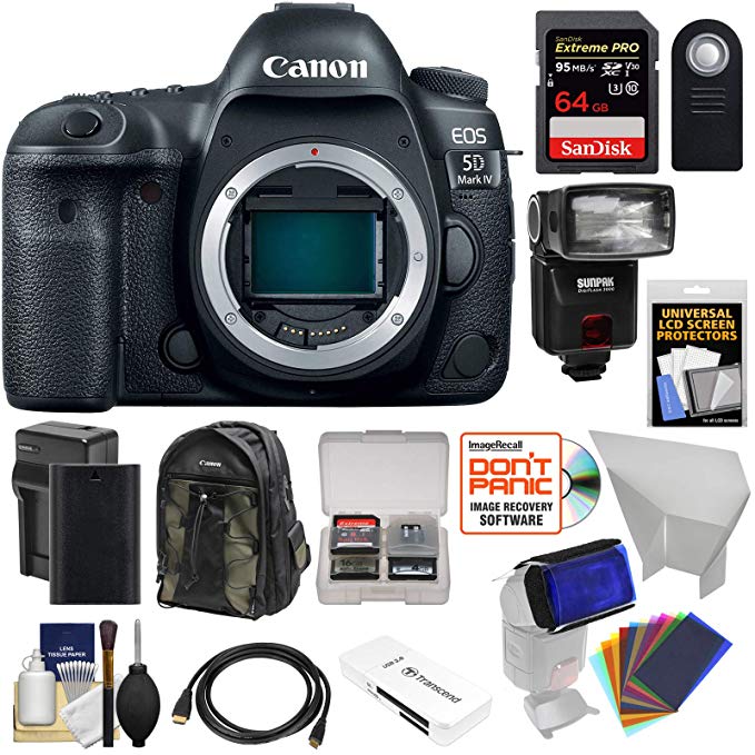 Canon EOS 5D Mark IV 4K Wi-Fi Digital SLR Camera Body with 64GB SD Card + Battery & Charger + Backpack + Flash + Reflector + Gel Filters + Kit