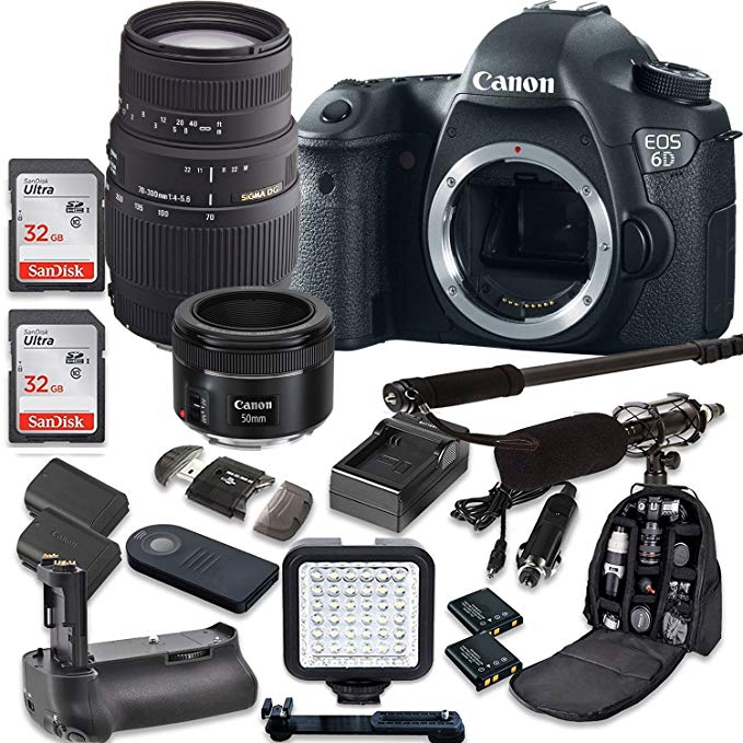 Canon EOS 6D 20.2 MP Full Frame CMOS DSLR Camera EF 50mm F/1.8 STM Lens + Sigma 70-300mm Zoom Lens + 2pc SanDisk 32GB SD Cards + Battery Power Grip + Special Promotional Holiday Accessory Bundle