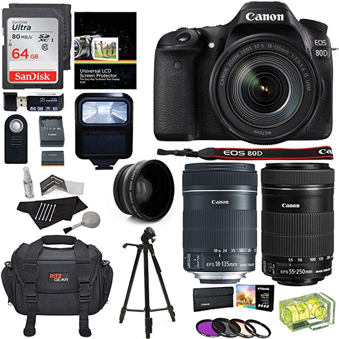 Canon EOS 80D Digital SLR Kit EF-S 18-135mm f/3.5-5.6 Image Stabilization USM & Canon EF-S 55-250mm Lens + Xit XT67WAB 67mm 0.43X Wide Angle Auxiliary Screw On Lens + Memory Cards + Accessory Bundle