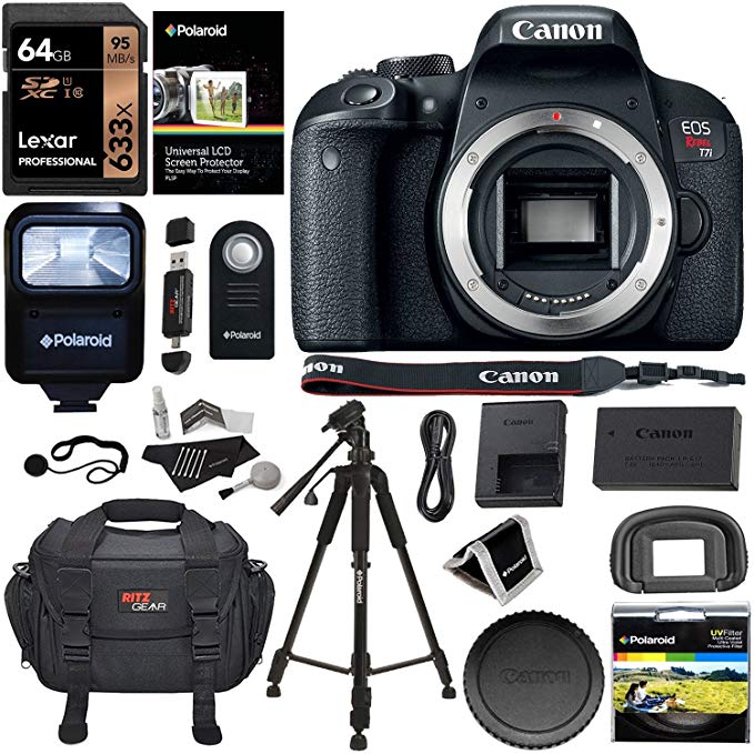 Canon EOS REBEL T7i Camera Body, Lexar 64GB Memory Card, Polaroid Tripod, Ritz Gear SLR Camera Bag, Polaroid UV Filter, Flash and Accessory Bundle