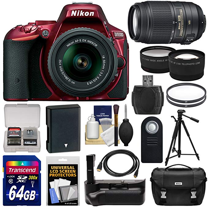 Nikon D5500 Wi-Fi Digital SLR Camera & 18-55mm G VR DX II (Red) & 55-300mm VR Lens + 64GB Card + Battery + Grip + Case + Tripod + Tele/Wide Lens Kit