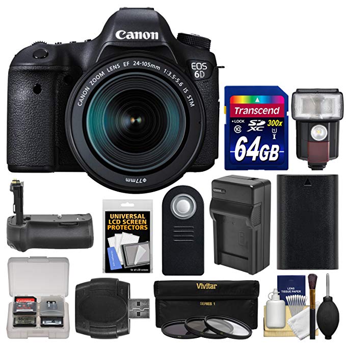 Canon EOS 6D Digital SLR Camera Body & EF 24-105mm IS STM Lens with 64GB Card + Flash + Battery & Charger + Grip + 3 Filters + Kit