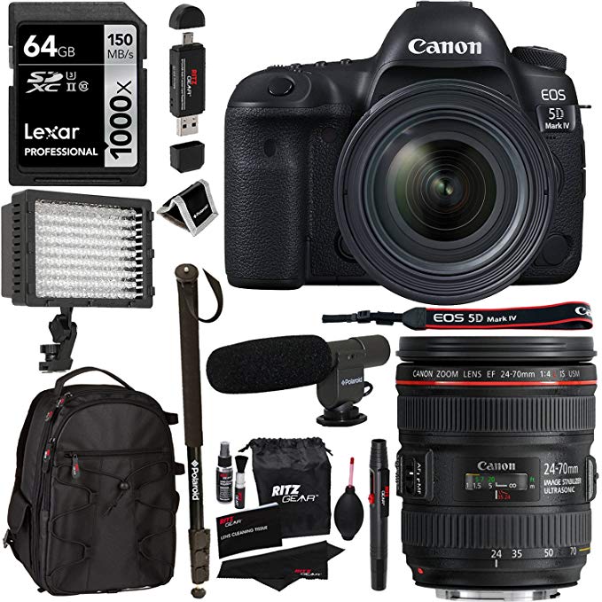 Canon EOS 5D Mark IV Full Frame Digital SLR Camera Body, Lexar Professional 1000x 128GB Memory Card, Polaroid LED Video Light, Microphone, Ritz Gear Backpack, Monopod, Fliter Kit and Accessory Bundle