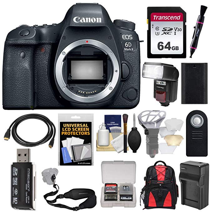 Canon EOS 6D Mark II Wi-Fi Digital SLR Camera Body with 64GB Card + Backpack + Flash + Battery & Charger + Strap Kit