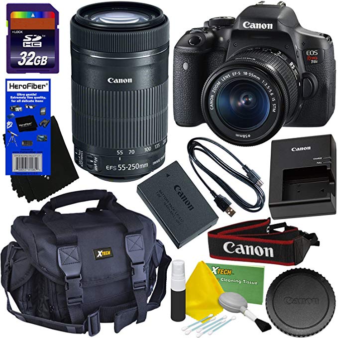 Canon EOS Rebel T6i Digital SLR Camera with EF-S 18-55 IS STM & EF-S 55-250mm IS STM Telephoto Zoom Lenses (International Version) + 32GB Accessory Kit w/ HeroFiber Ultra Gentle Cleaning Cloth