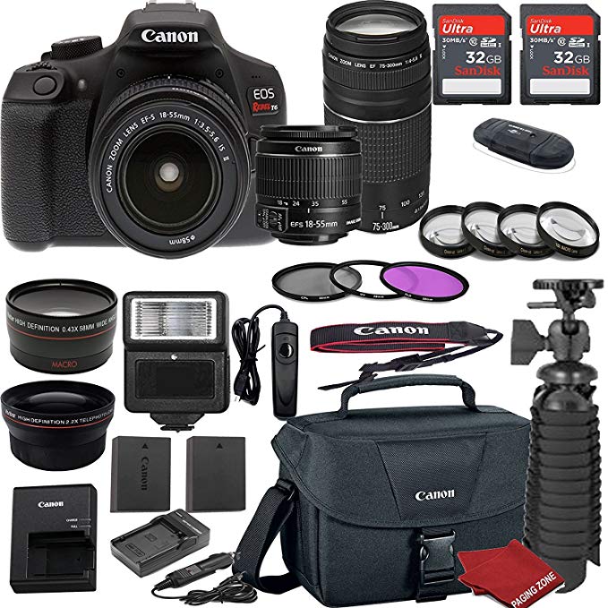 Canon EOS Rebel T6 DSLR Camera Bundle with Canon EF-S 18-55mm f/3.5-5.6 IS II Lens + EF 75-300mm f/4-5.6 III Lens + 2pc Sandisk 32gb Memory + Spare Canon Battery + Value Accessory Kit