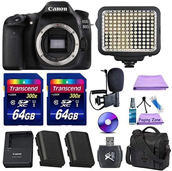 Canon EOS 80D Digital SLR Camera + Extra Battery + 2pc 64GB Memory Cards + Deluxe Case + LED Light + Paging Zone Cleaning Kit