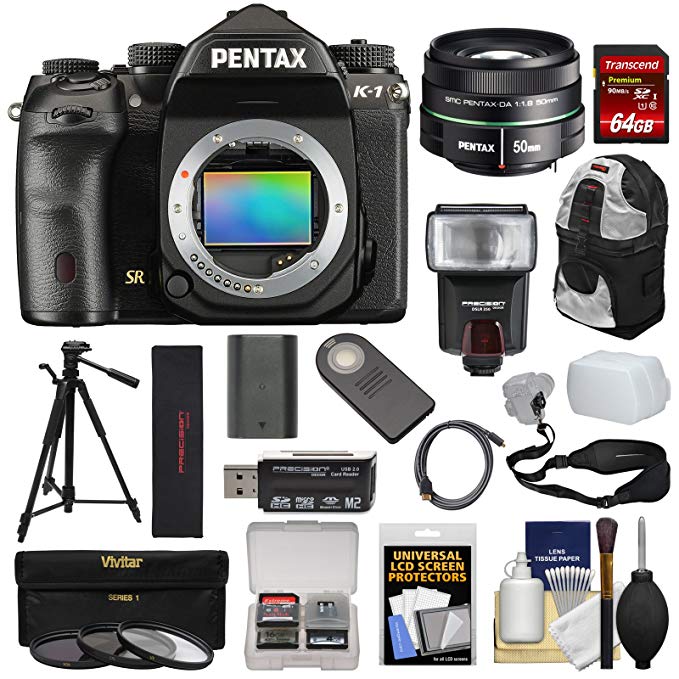 Pentax K-1 Mark II Full Frame Wi-Fi Digital SLR Camera Body & 50mm f/1.8 DA SMC Lens with 64GB Card + Battery + Flash + Backpack + Tripod + Kit