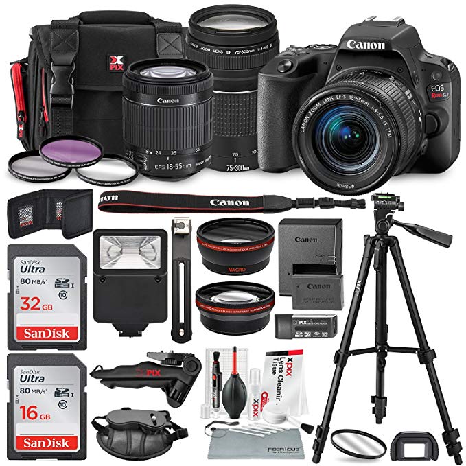 Canon EOS Rebel SL2 DSLR Wi-Fi Camera with EF-S 18-55mm STM Lens (Black) Bundle w/EF 75-300mm f/4-5.6 III Lens + 32&16GB + Xpix Tripods & Cleaning Kit + Deluxe Bundle