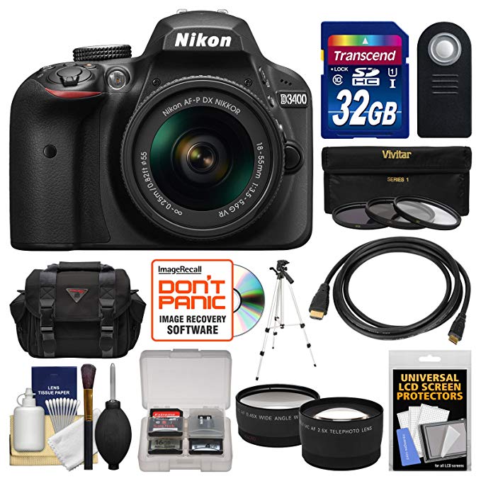 Nikon D3400 Digital SLR Camera & 18-55mm VR DX AF-P Zoom Lens (Black) with 32GB Card + Case + Tripod + Filters + Tele/Wide Lens Kit