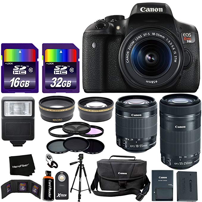 Canon EOS Rebel T6i Digital SLR Camera International Version + 18-55mm “STM” Lens + 55-250mm STM Zoom Lens + Telephoto & Wide Lenses + Canon Case + Flash + ND & UV Filter Set + 48GB SD Memory + Tripod