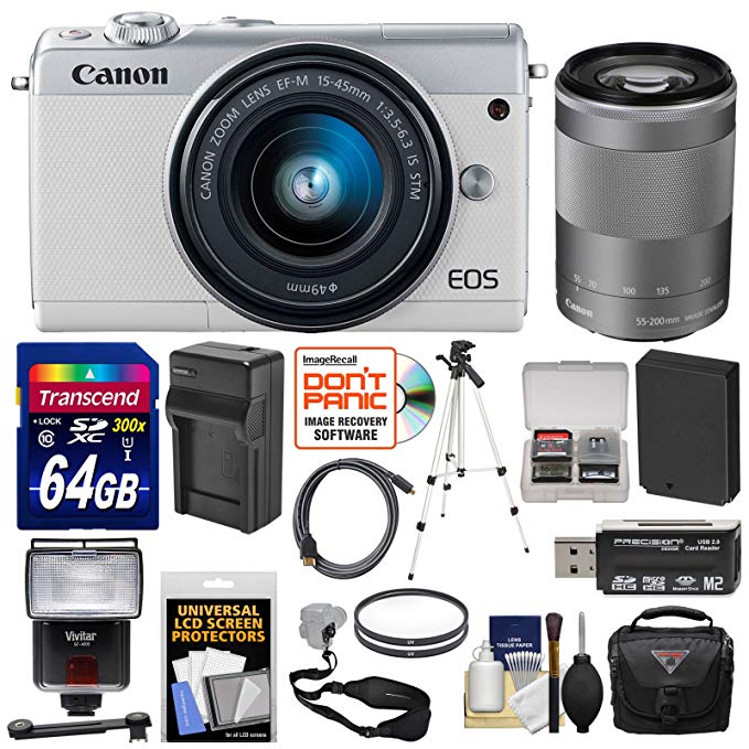 Canon EOS M100 Wi-Fi Digital ILC Camera & EF-M 15-45mm & 55-200mm is STM Lens (White) with 64GB Card + Battery & Charger + Case + Filters + Strap + Tripod + Flash + Kit