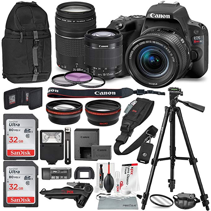 Canon EOS Rebel SL2 DSLR Wi-Fi Camera with EF-S 18-55mm STM Lens (Black) Bundle w/EF 75-300mm f/4-5.6 III Lens + 32GB + Xpix Tripods & Cleaning Kit + More