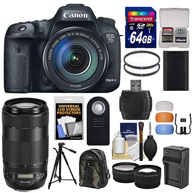 Canon EOS 7D Mark II GPS Digital SLR Camera & EF-S 18-135mm & 70-300mm IS II USM Lens with 64GB Card + Backpack + Battery/Charger + Tripod + 2 Lens Kit