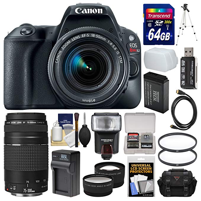 Canon EOS Rebel SL2 Wi-Fi Digital SLR Camera & EF-S 18-55mm is STM (Black) with 75-300mm III Lens + 64GB Card + Case + Flash + Battery & Charger Kit