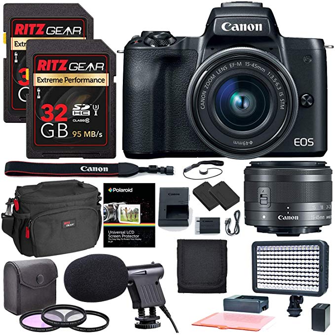 Canon EOS M50 15-45mm f/3.5-6.3 is STM Mirrorless Digital Camera, 64gb Memory Card, Manfrotto Compact Action Tripod, Camera Bag & Accessory Bundle