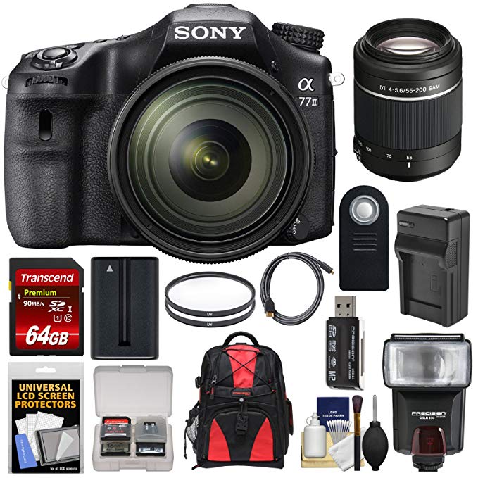 Sony Alpha A77 II Wi-Fi Digital SLR Camera & 16-50mm Lens with 55-200mm Lens + 64GB Card + Battery & Charger + Backpack + Flash + Kit