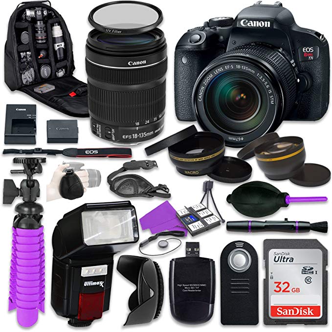 Canon EOS Rebel T7i DSLR Camera with Canon 18-135mm IS STM Lens, Auxiliary Panoramic and Telephoto Lenses, 32GB Memory + Accessory Bundle