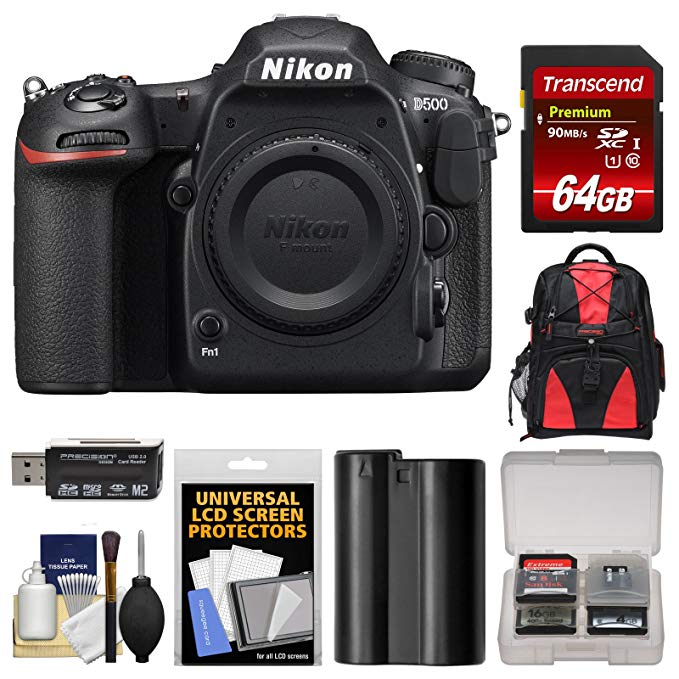 Nikon D500 Wi-Fi 4K Digital SLR Camera Body with 64GB Card + Backpack + Battery + Kit