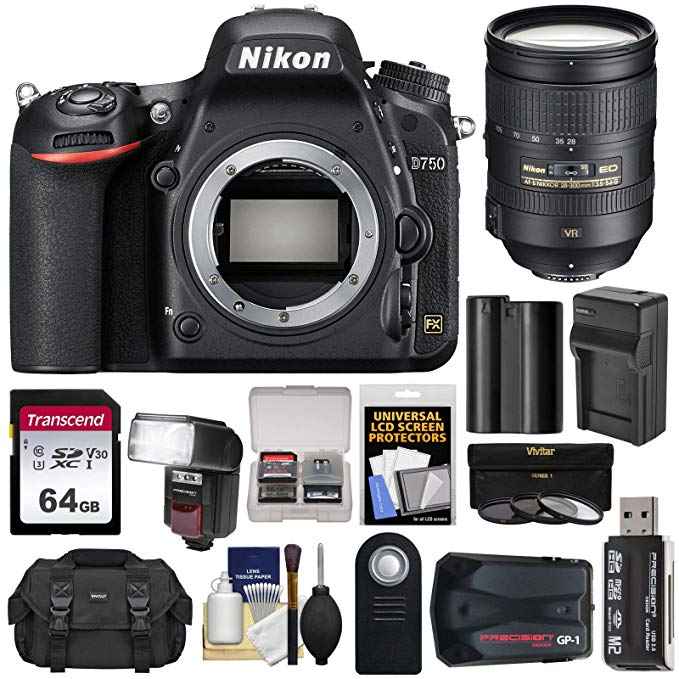 Nikon D750 Digital SLR Camera Body with 28-300mm VR Lens + 64GB Card + Battery + Charger + Case + Filters + GPS + Flash Kit
