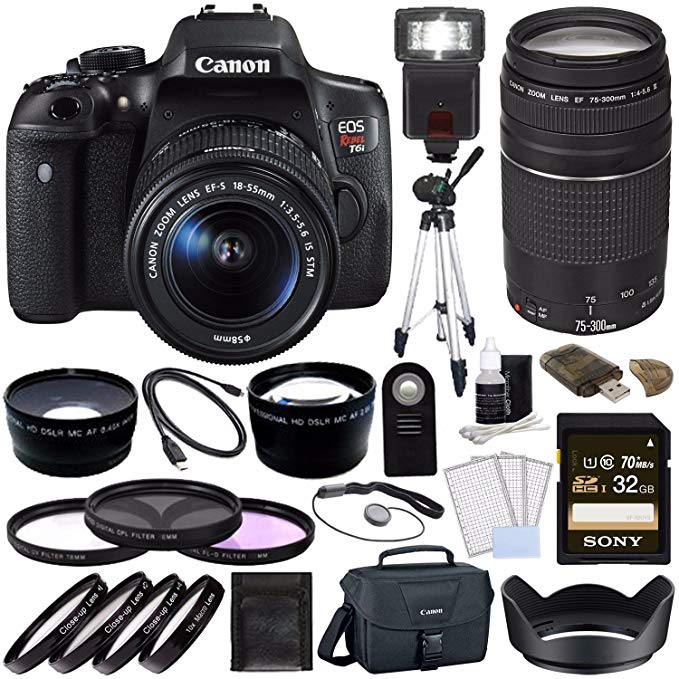 Canon EOS Rebel T6i Digital SLR Camera Kit with 18-55mm Lens + Canon EF 75-300mm f/4-5.6 III Lens + Sony 32GB UHS-I SDHC Memory Card (Class 10) + Remote + Canon EOS Shoulder Bag 100ES (Black) Bundle