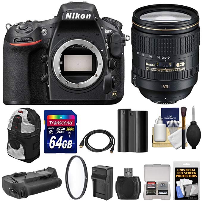 Nikon D810 Digital SLR Camera & 24-120mm f/4 VR Lens with 64GB Card + Backpack + Grip + Battery & Charger + Kit