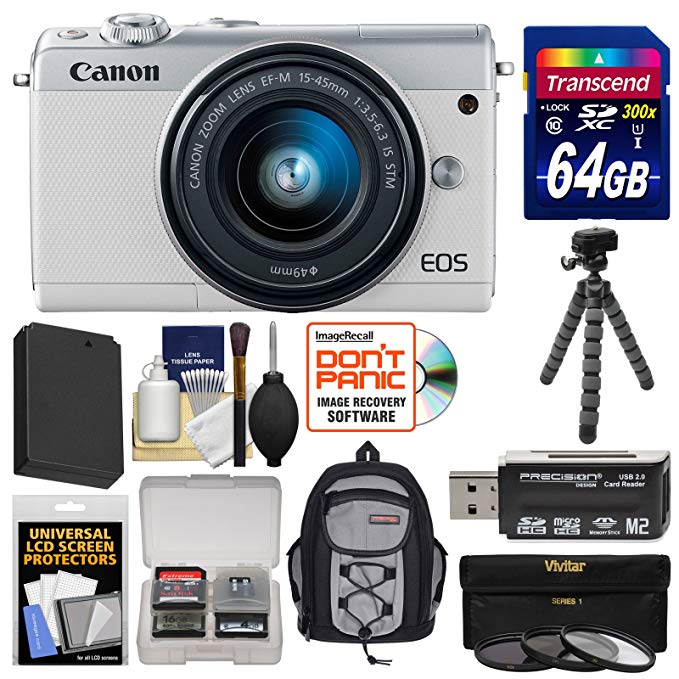 Canon EOS M100 Wi-Fi Digital ILC Camera & EF-M 15-45mm is STM Lens (White) with 64GB Card + Backpack + Battery + Tripod + 3 Filters + Kit