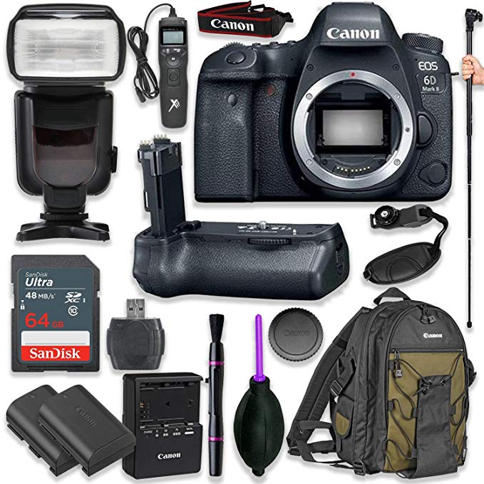 Canon EOS 6D Mark II Digital SLR Camera Body - Wi-Fi Enabled with Pro Camera Battery Grip, Professional TTL Flash, Deluxe Backpack 200EG, Universal Timer Remote Control, Spare LP-E6 Battery (16 items)