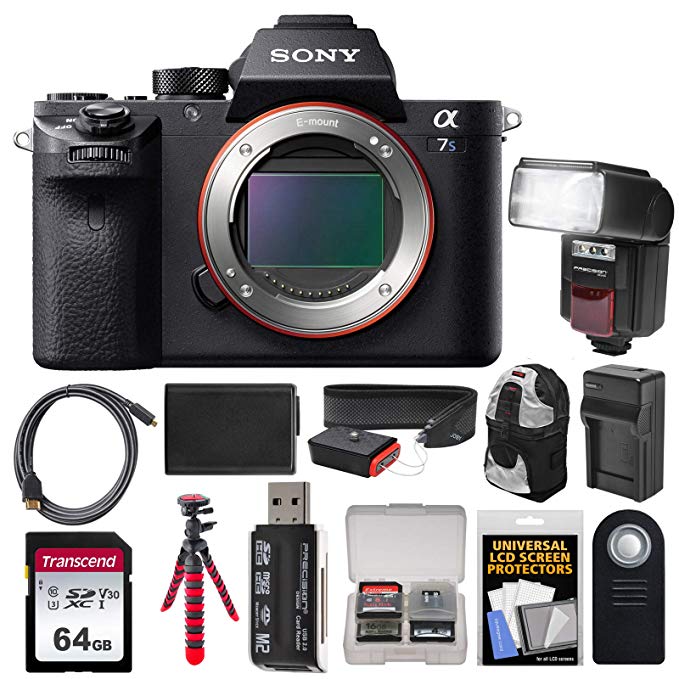 Sony Alpha A7S II 4K Wi-Fi Digital Camera Body with 64GB Card + Backpack + Flash + Battery & Charger + Tripod + Remote + Kit