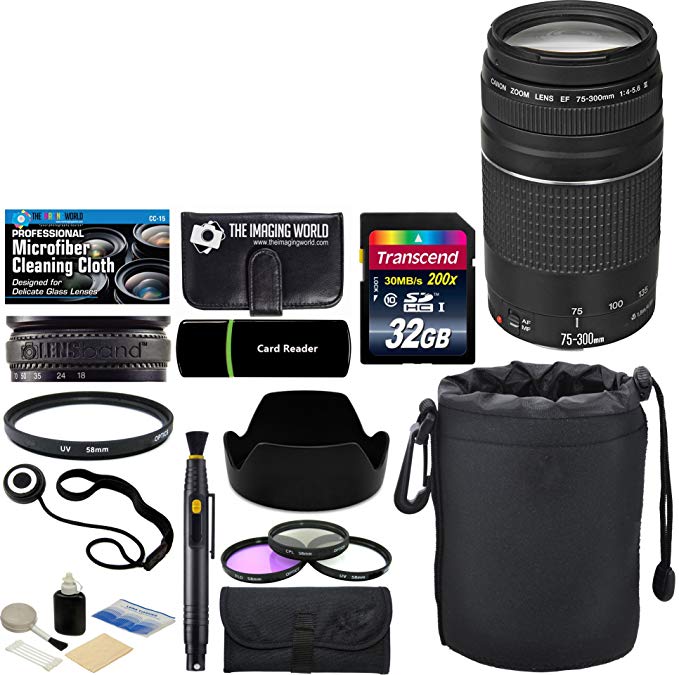 Canon EF 75-300mm f/4-5.6 III Zoom Lens + 32 GB Card + Pouch + Hood + Band + Filters + Accessories Bundle for EOS 5D 6D 7D 80D 70D 60D, Rebel T7i 77D T6s T6i T5i T4i T3i T2i SL1 SL2 T6 T5 T3 Cameras