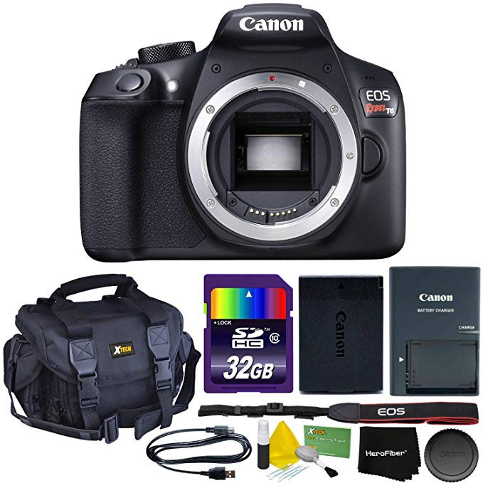 Canon EOS Rebel T6 Digital SLR Camera (Body Only) International Version Wi-Fi Enabled + 32GB SD Memory Card + Large Case + Accessory Kit w/ HeroFiber Ultra Gentle Cleaning Cloth
