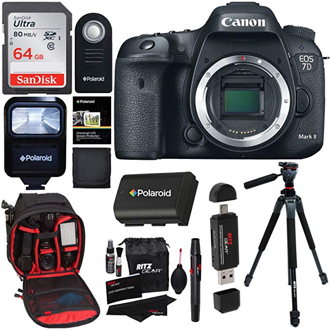 Canon EOS 7D Mark II Digital SLR Camera (Body) + 64GB Memory Card + 60 Inch Tripod + Spare Battery + Slave Flash + Professional DSLR Case + Accessory Kit