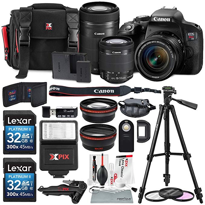 Canon EOS Rebel T7i DSLR Camera W/EF-S 18-55mm f/4-5.6 IS STM Lens + EF-S 55-250mm f/4-5.6 IS STM Lens and 2 X 32GB, 58mm Telephoto & Wide-Angle Lens, Filters, Tripods, Xpix Lens Accessories