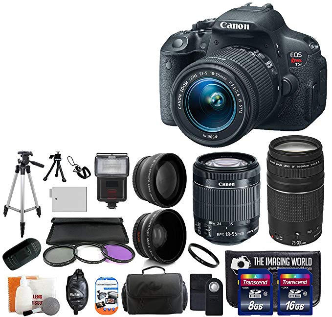 Canon EOS Rebel T5i 18.0 MP CMOS Digital Camera SLR Kit With Canon EF-S 18-55mm IS STM + Canon 75-300mm III Lens + Wide-Angle Lens + Telephoto Lens + 8GB and 16GB Card + Card Reader + Case + Battery + Flash + Tripod + Remote + 58mm Filter Kit - 24GB Deluxe Accessories Bundle