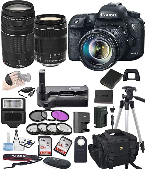 Canon EOS 7D Mark II Digital SLR Camera w/ EF-S 18-135mm STM + 75-300mm Zoom Lens Bundle includes Camera, Lenses, Filters, Bag, Memory Cards , Power Grip, Tripod ,and More - International Version