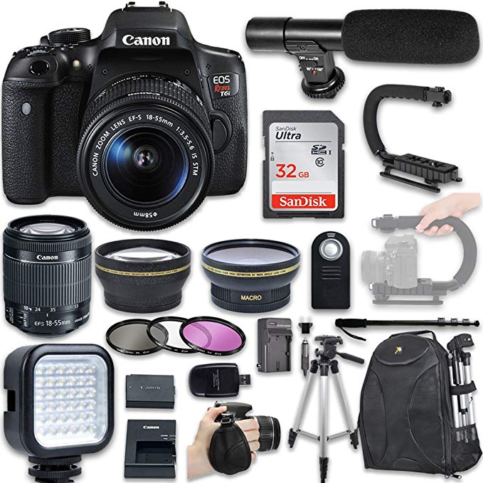 Canon EOS Rebel T6i Camera with Canon EF-S 18-55mm f/3.5-5.6 is STM Lens + Wide Angle Lens + 2X Telephoto Lens + LED Light + 32GB SD Memory Card Video Bundle