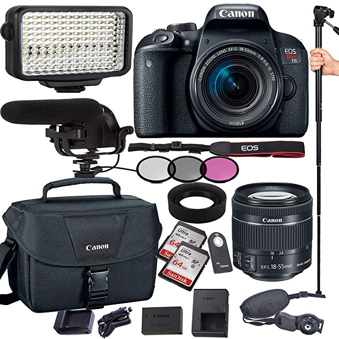 Canon EOS Rebel T7i 24.2 MP Digital SLR Camera with EF-S 18-55mm is STM Lens , Filters, Lens Hood, Monopod, 128GB Memory, Led Video Light, Microphone, Canon Case, Extra Charger