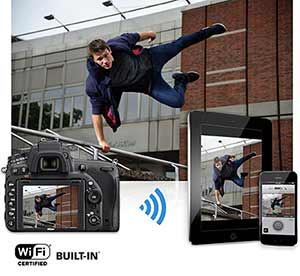 Nikon D750 photo of a parkour athlete, inset with the image on the LCD, a smartphone and tablet highlighting Wi-Fi connectivity