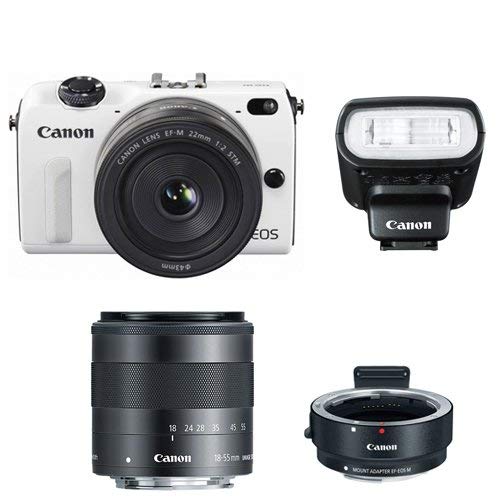 Canon EOS M2 Camera w/ EF-M 22MM f/2, 18-55MM F/3.5-5.6 IS EF-M Lens, 90EX Flash & EF-M Adapter (White) - International Version (No Warranty)