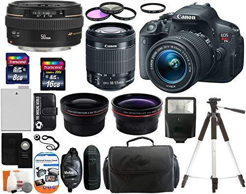 Canon EOS Rebel T5i 18.0 MP CMOS Digital Camera SLR Kit With Canon EF-S 18-55mm IS STM + Canon EF 50mm f/1.4 USM Lens + Wide-Angle Lens + Telephoto Lens + 8GB and 16GB Card + Card Reader + Case + Battery + Flash + Tripod + Remote + 58mm Filter Kit - 24GB Deluxe Accessories Bundle