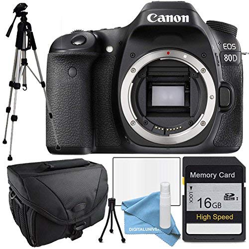 Canon 80D Body Only Package, Camera Case, Full Size Tripod, 16Gb SDHC Class 10 High Speed Memory Card, Table Top Tripod, Lens Cleaning Kit and LCD Screen Protector